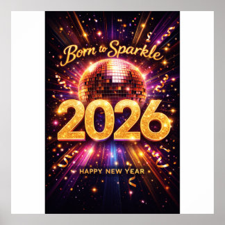 Póster Born to Sparkle 2026 Disco Ball Happy New Year