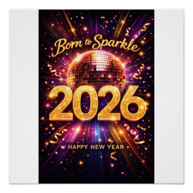 Póster Born to Sparkle 2026 Disco Ball Happy New Year (Anverso)