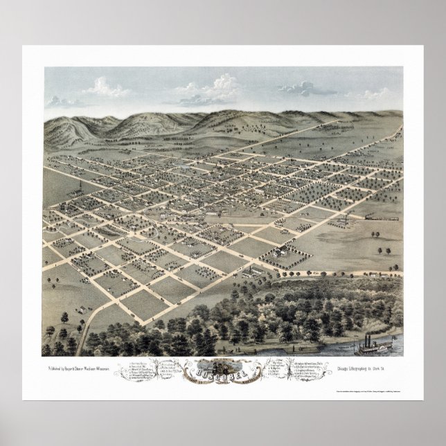 Póster Boscobel, WI Mapa Panorámico - 1869 (Frente)