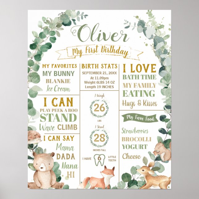 Póster Bosque 1er cumpleaños hito Estadísticas de nacimie (Frente)