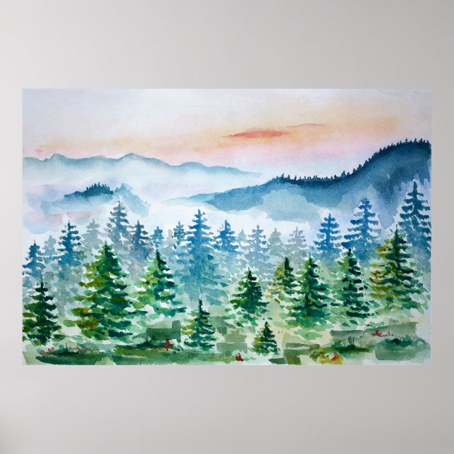 Póster Bosque acuarela y montañas (Frente)