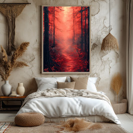 Póster Bosque Carmesí Encantado en Rojo Monocromo