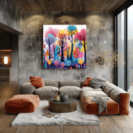 Póster Bosque Colorido: Paisaje Folk y Naive