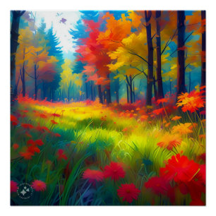 Póster Bosque con árboles y flores coloridos