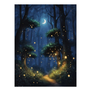Póster Bosque con lumbreras y luna creciente