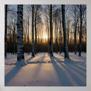 Póster Bosque cubierto de nieve al atardecer