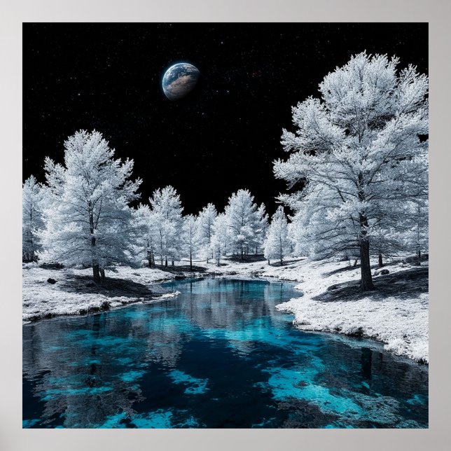 Póster Bosque cubierto de nieve y lago tranquilo bajo el  (Frente)