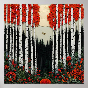 Póster Bosque de abedules de fantasía Bosque encantado má