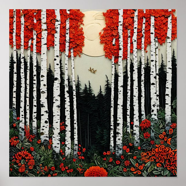 Póster Bosque de abedules de fantasía Bosque encantado má (Frente)