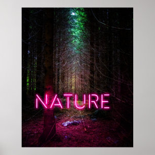 Póster Bosque de abetos misterioso naturaleza neón magent