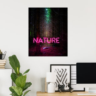 Póster Bosque de abetos misterioso naturaleza neón magent
