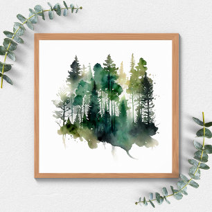 Póster Bosque de acuarela árboles naturaleza verdes marro