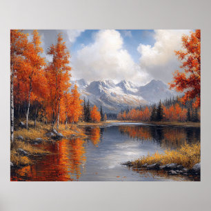 Póster Bosque de álamos otoñales y paisaje de montañas