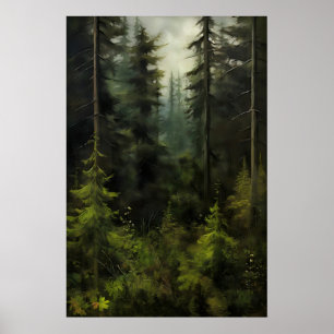 Póster Bosque de árboles de hoja perenne Granja Casa de c