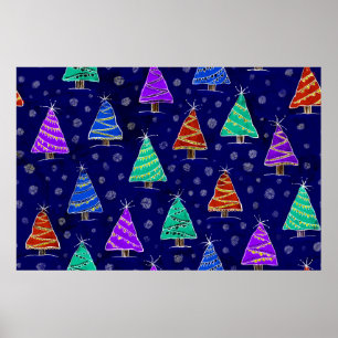 Póster Bosque de árboles de Navidad dibujado al estilo d