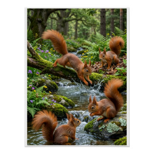 Póster Bosque de ardillas juguetonas río naturaleza Flee