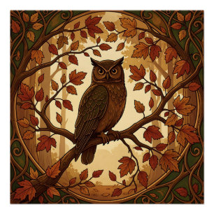 Póster Bosque de búhos de otoño Art Nouveau
