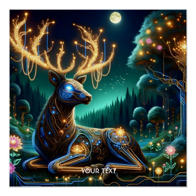 Póster Bosque de Ciervo Ciberpunk Fantástico y Lindo (Anverso)
