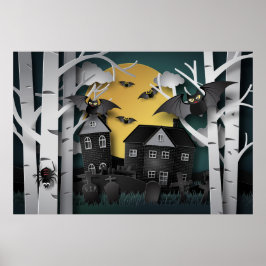 Póster Bosque de cipreses, cementerio y murciélagos
