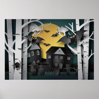 Póster Bosque de cipreses, cementerio y murciélagos