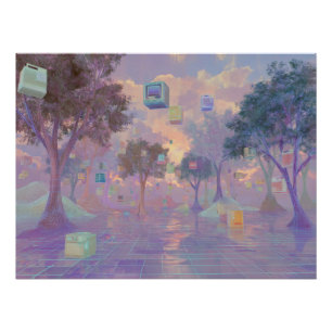 Póster Bosque de ensueño Vaporwave con ventanas flotantes