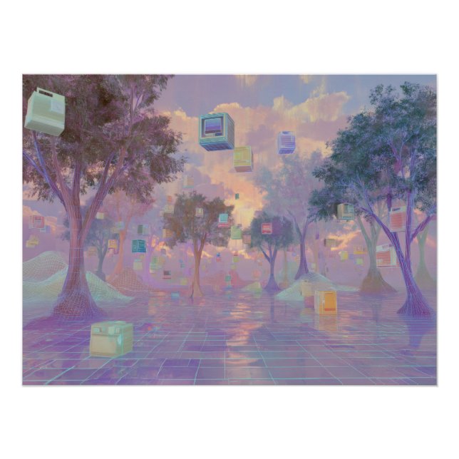Póster Bosque de ensueño Vaporwave con ventanas flotantes (Anverso)