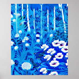 Póster Bosque de fantasía con flores y aves