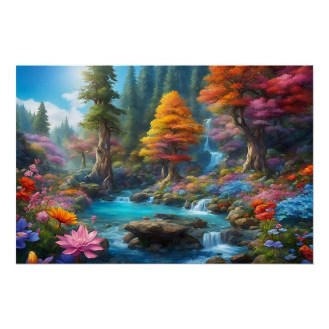 Póster Bosque de fantasía encantado, cascada, flores (Anverso)