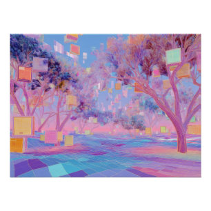 Póster Bosque de Glitch Pastel en Floración de Paisaje On