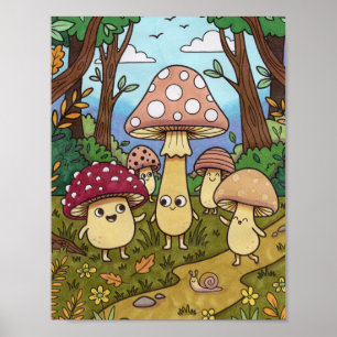 Póster Bosque de hongos caprichoso y lindo de bosque hong