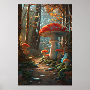 Póster Bosque de hongos encantados - Bosque de madera cap