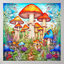 Bosque de hongos silvestres colorido y psicodélico