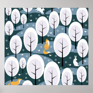 Póster Bosque de invierno de navidades: Patrón de animale