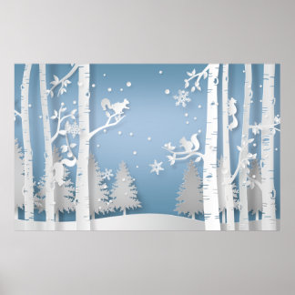 Póster Bosque de invierno de Papercut y ardillas