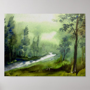 Póster Bosque de la montaña - acuarela en la pintura de