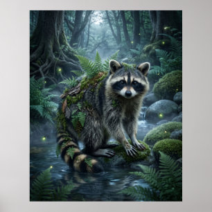 Póster Bosque de Mapaches Traviesos de Helechos