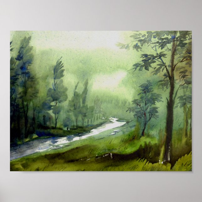 Póster Bosque de montaña - acuarela sobre pintura de pape (Frente)