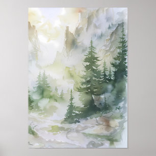 Póster Bosque de Montaña Brumoso en Acuarela