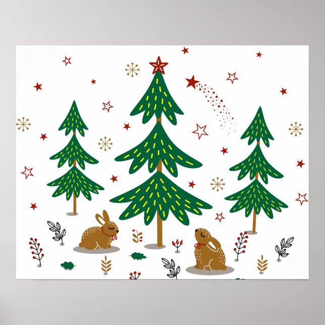 Póster Bosque de Navidad estrellado con conejos (Frente)