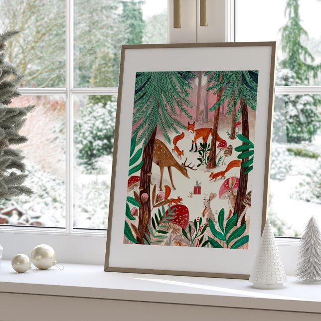 Póster Bosque de Navidades rosados de animales de la huer (Cute Woodland Animals Pink Christmas Forest Poster)