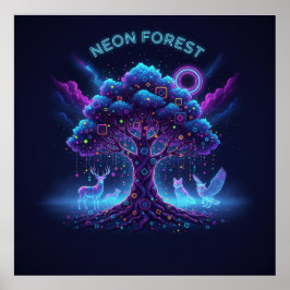 Póster Bosque de neón - Árbol brillante y animales lumino