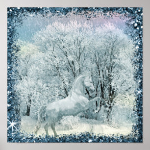 Póster Bosque de nieve de caballos blancos