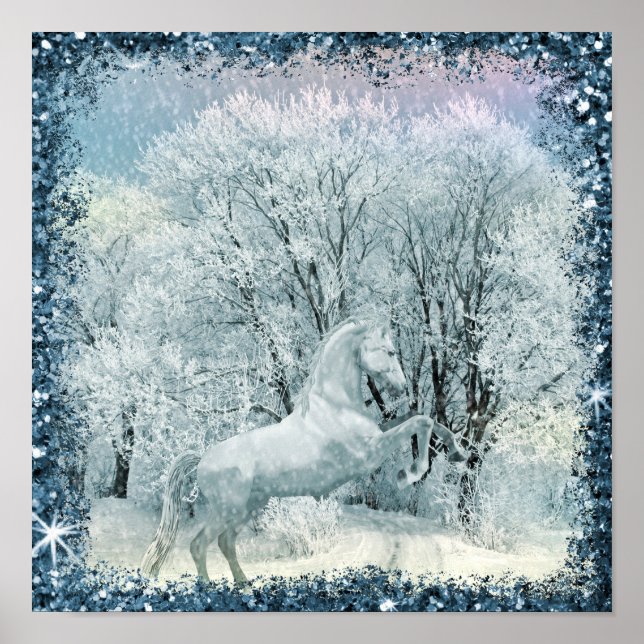 Póster Bosque de nieve de caballos blancos (Frente)