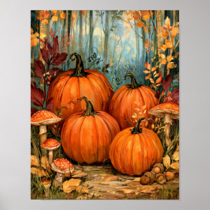 Póster Bosque de otoño con calabazas y champiñones,