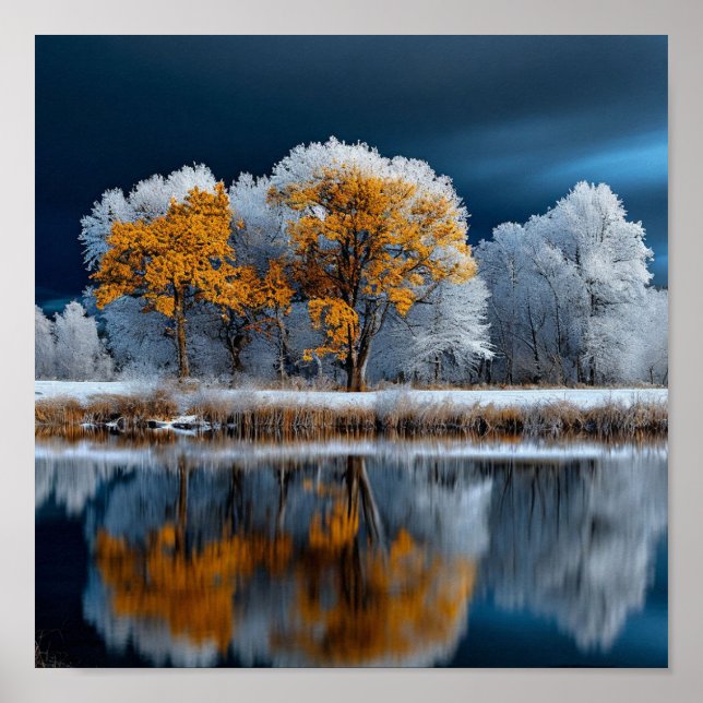 Póster Bosque de otoño en el lago (Frente)