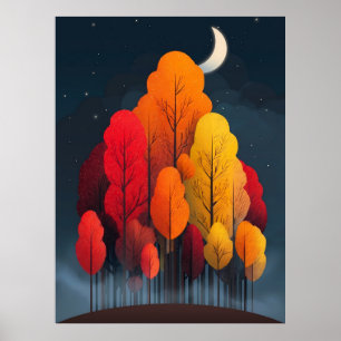 Póster Bosque de otoño por la noche