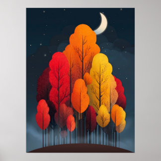 Póster Bosque de otoño por la noche