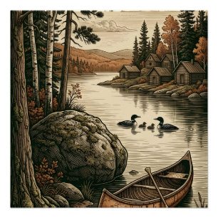 Póster Bosque de Pino Pacífico Río y Barco de Madera Natu