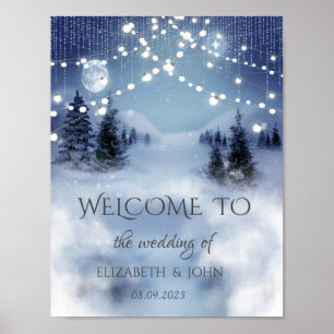 Póster Bosque de pinos, boda de luces de hadas   