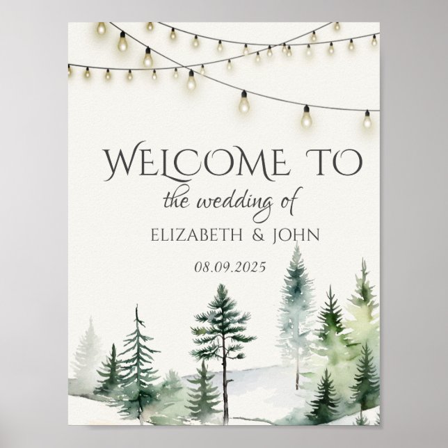 Póster Bosque de pinos, luces de cadena para boda (Frente)